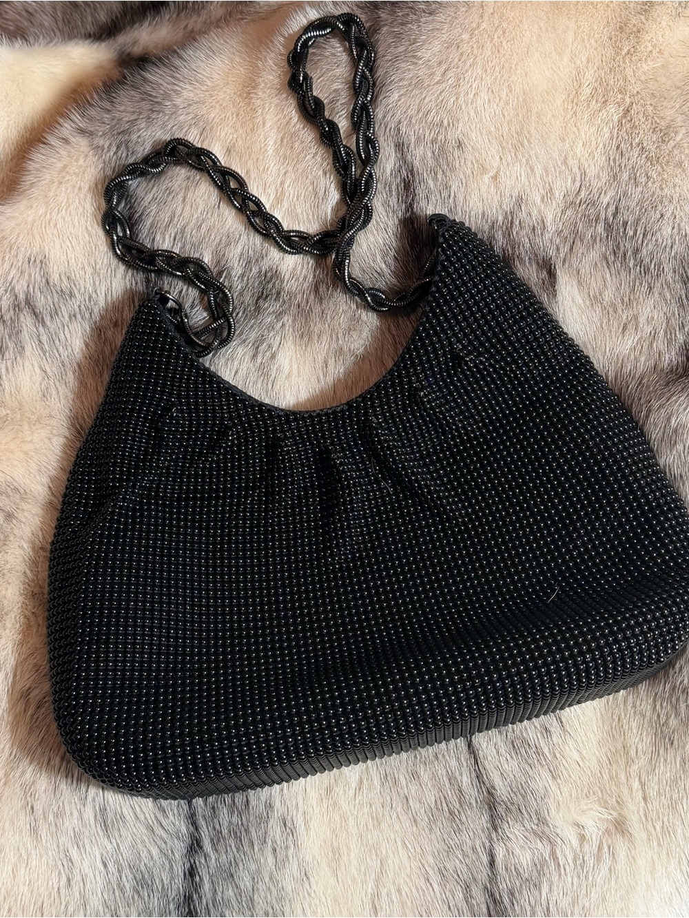 Whiting & Davis Silver Black Mesh Shoulder Bag with Black Chain Handle